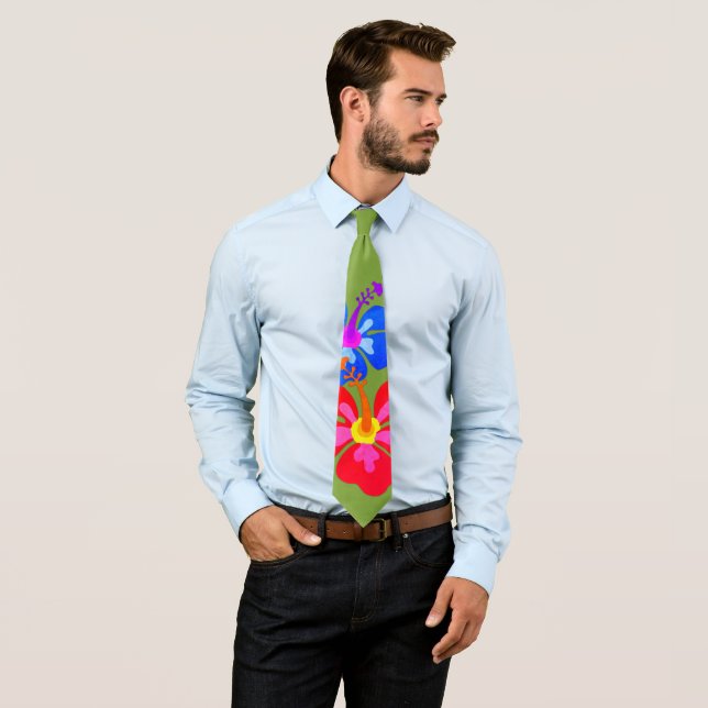 Big Hibiscus Illustrated Tropical Green Neck Tie (In Situ)