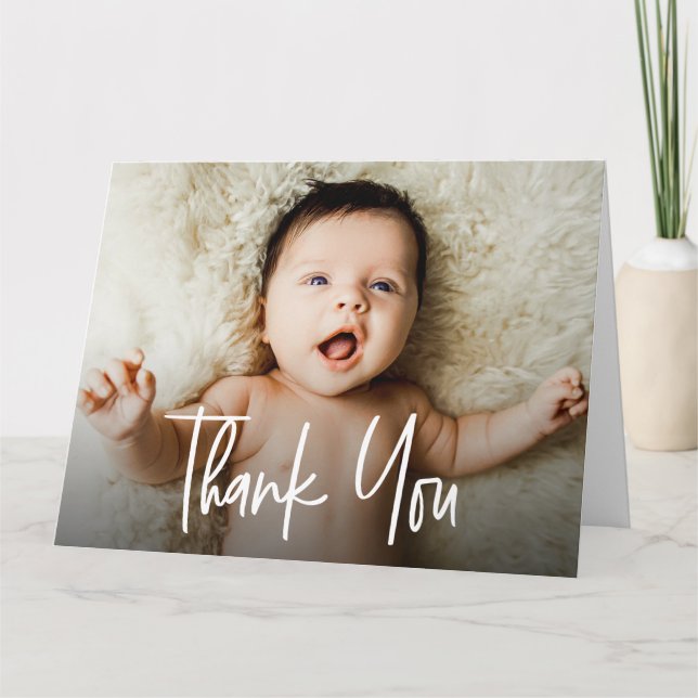 Big Horizontal Baby Photo Handlettering script Thank You Card (Front)