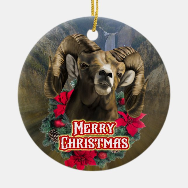 Big Horn Ram Christmas Ceramic Tree Decoration (Front)