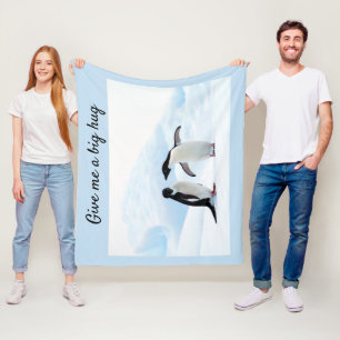 Big hug Penguin on ice photo with text Fleece Blanket
