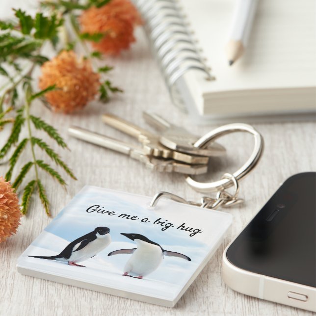 Big hug Penguin on ice photo with text Key Ring (Front Right)