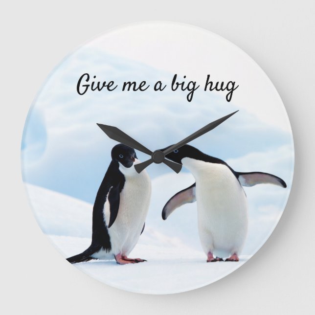 Big hug Penguin on ice photo with text Large Clock (Front)