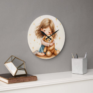 Big Hugs - Cute Girl Hugging Teddy Bear Large Clock