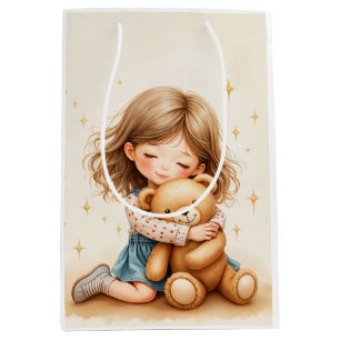 Big Hugs - Cute Girl Hugging Teddy Bear Medium Gift Bag
