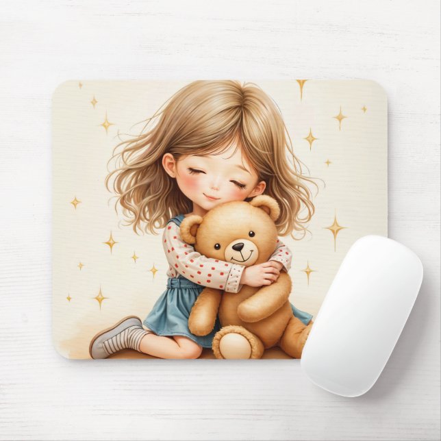 Big Hugs - Cute Girl Hugging Teddy Bear Mouse Mat (With Mouse)