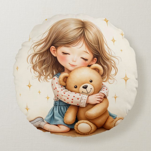 Big Hugs Cute Girl Hugging Teddy Bear Paper Sheet Round Cushion (Front)