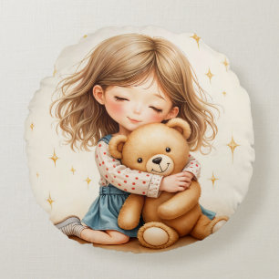 Big Hugs Cute Girl Hugging Teddy Bear Round Cushion