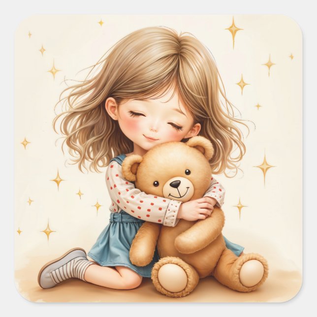 Big Hugs - Cute Girl Hugging Teddy Bear Square Sticker (Front)
