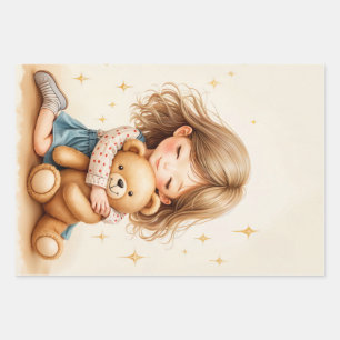 Big Hugs - Cute Girl Hugging Teddy Bear Wrapping Paper Sheet