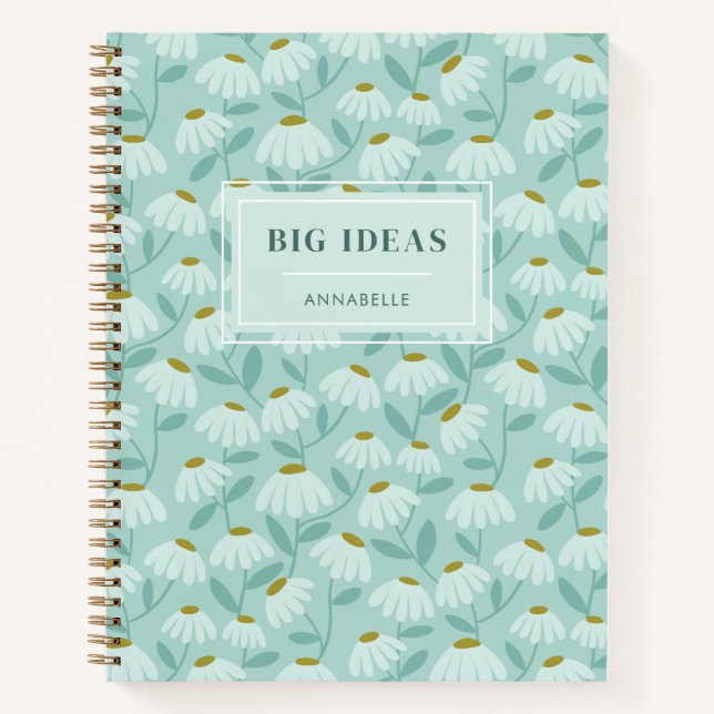 'Big Ideas' Monogram Name Teal Floral Pattern Notebook (Front)
