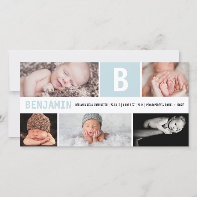 Big Initial Baby Boy Monogram 5 Photo Blue Birth Announcement (Front)