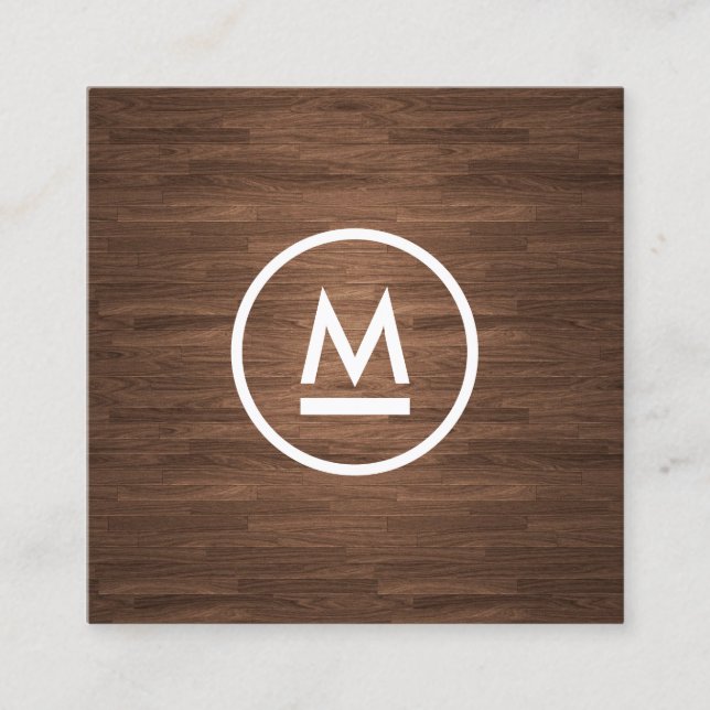 Big Initial Modern Monogram on Brown Wood Square Square Business Card (Front)
