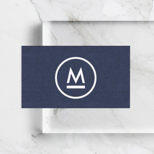 Big Initial Modern Monogram on Navy Blue Linen Business Card