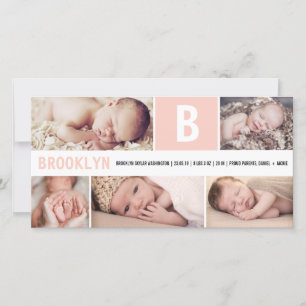 Big Initial Pink Baby Monogram 5 Multi Photo Birth Announcement
