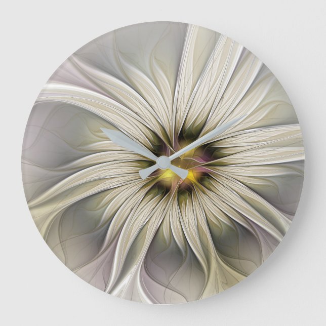 Big Ivory Flower, Abstract Modern Fractal Art Large Clock (Front)