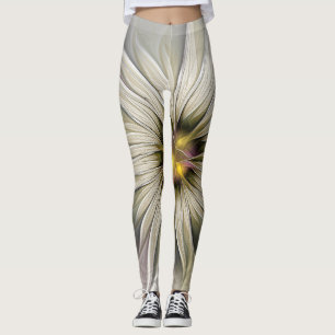 Big Ivory Flower, Abstract Modern Fractal Art Leggings