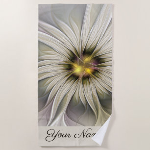 Big Ivory Flower, Abstract Modern Fractal Art Name Beach Towel