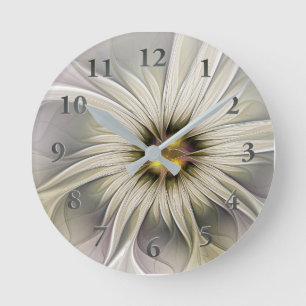 Big Ivory Flower, Abstract Modern Fractal Art Round Clock