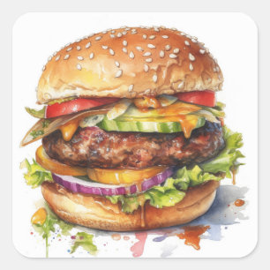 big juicy hamburger - watercolor square sticker