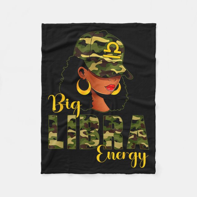 Big Libra Energy Camouflage Black Woman Cap Zodiac Fleece Blanket (Front)