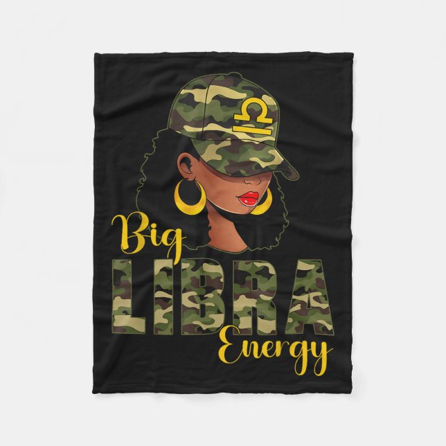 Big Libra Energy Camouflage Black Woman Cap Zodiac Fleece Blanket (Front)