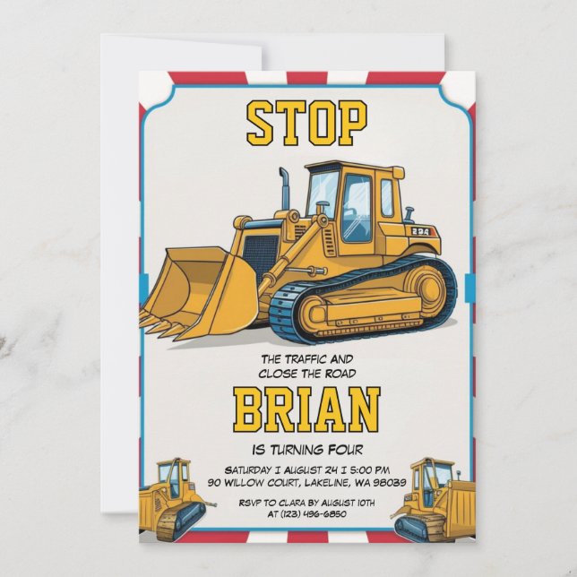 big machine construction birthday invitations (Front)