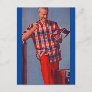 big man in red and plaid postcard