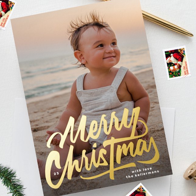 BIG modern GOLD SCRIPT Merry Christmas Foil Holiday Card (Creator Uploaded)