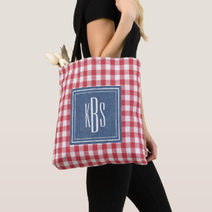 Big Monogram on Red & White Plaid Shoulder Tote Bag