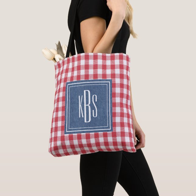Big Monogram on Red & White Plaid Shoulder Tote Bag (Close Up)