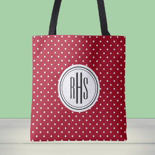 Big Monogram on Red White Swiss Dots Shoulder Tote Bag
