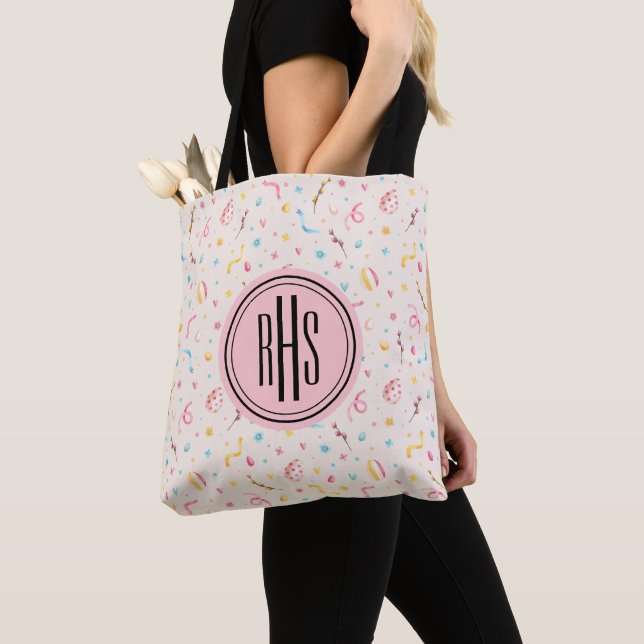 Big Monogram on Spring-Easter Pattern Tote Bag (Close Up)