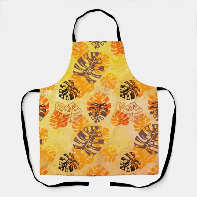 Big Monstera Leaves in Brown and Gold Apron (Front)
