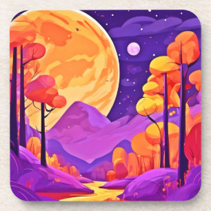 Big Moon & Cartoon Trees Art Coaster