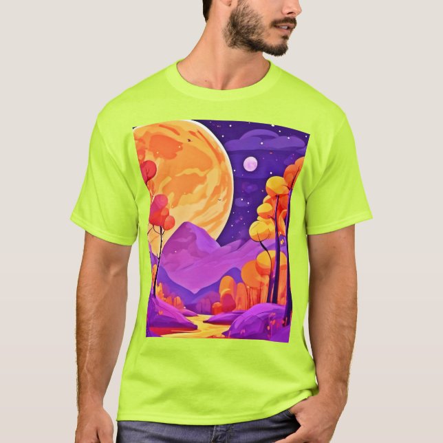 Big Moon & Cartoon Trees Art T-Shirt (Front)