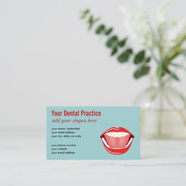 Big Mouth White Teeth Blue Professional Dental Business Card (Standing Front)