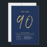 Big Ninety | Gold & Navy Blue 90th Birthday Party Invitation<br><div class="desc">Celebrate your special day with this simple stylish 90th birthday party invitation. This design features a brush script "The Big 90" with a clean layout in a navy blue & gold colour combo. More designs and party supplies are available at my shop BaraBomDesign.</div>