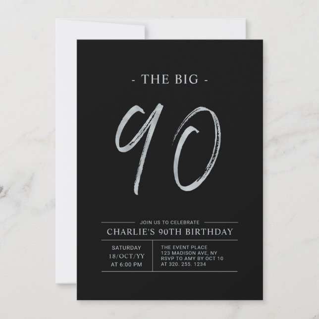 Big Ninety | Silver & Black 90th Birthday Party Invitation (Front)