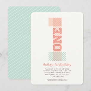 Big Number 1 Stripes Baby Girl 1st Birthday Party Invitation