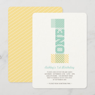 Big Number 1 Stripes Baby Neutral 1st Birthday Invitation