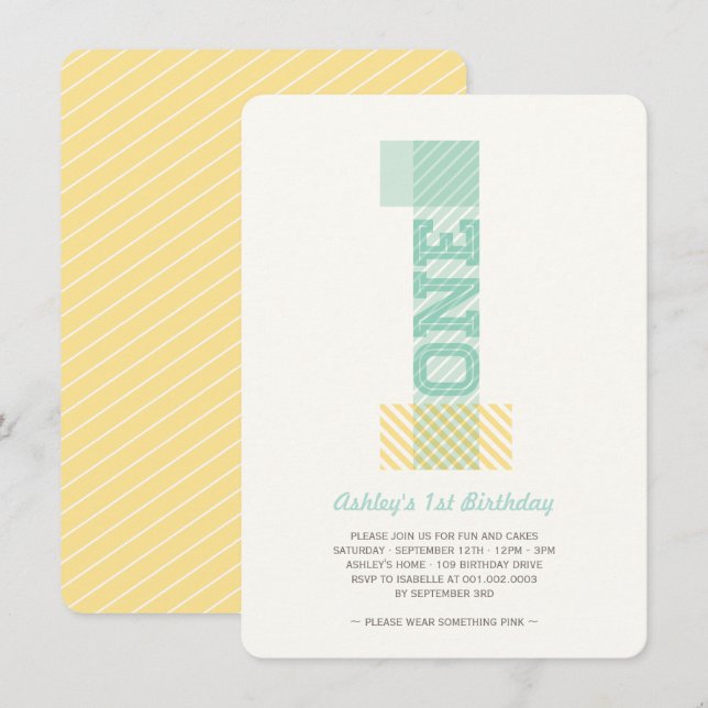 Big Number 1 Stripes Baby Neutral 1st Birthday Invitation (Front/Back)