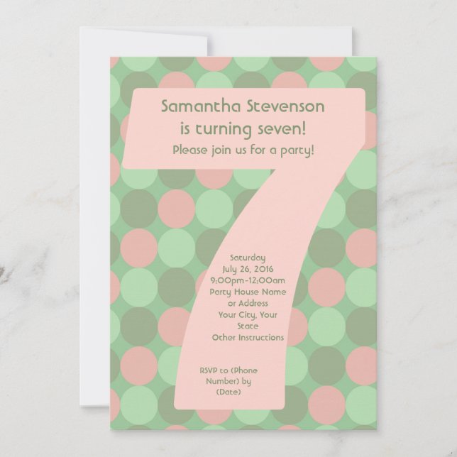 Big Number 7 Girl's 7th Birthday Party Invitation (Front)
