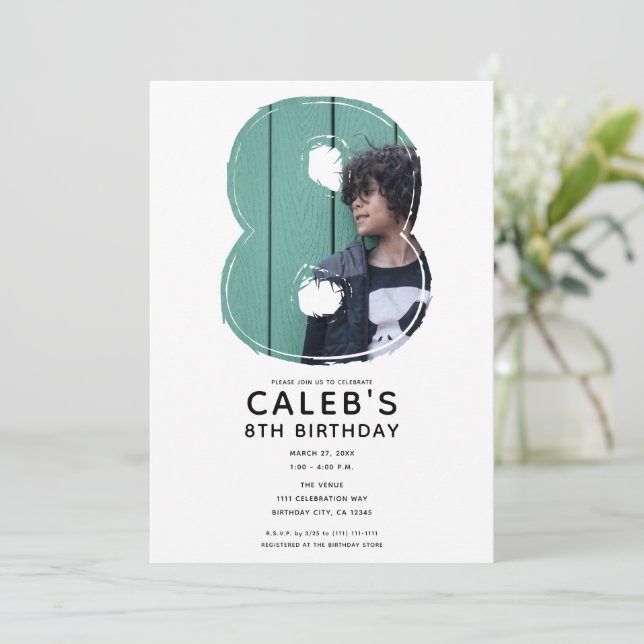 Big Number 8 Eight Photo 8th Birthday Party Invitation (Standing Front)