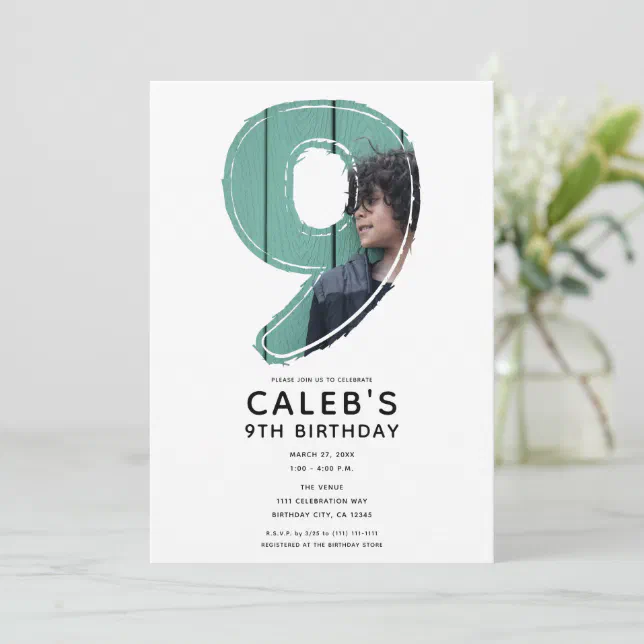 Big Number 9 Nine Photo 9th Birthday Party Invitation | Zazzle