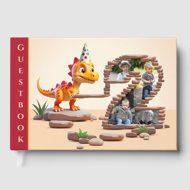 Big Number Photo 2nd Birthday | Little Dino Dragon Guest Book (Front)
