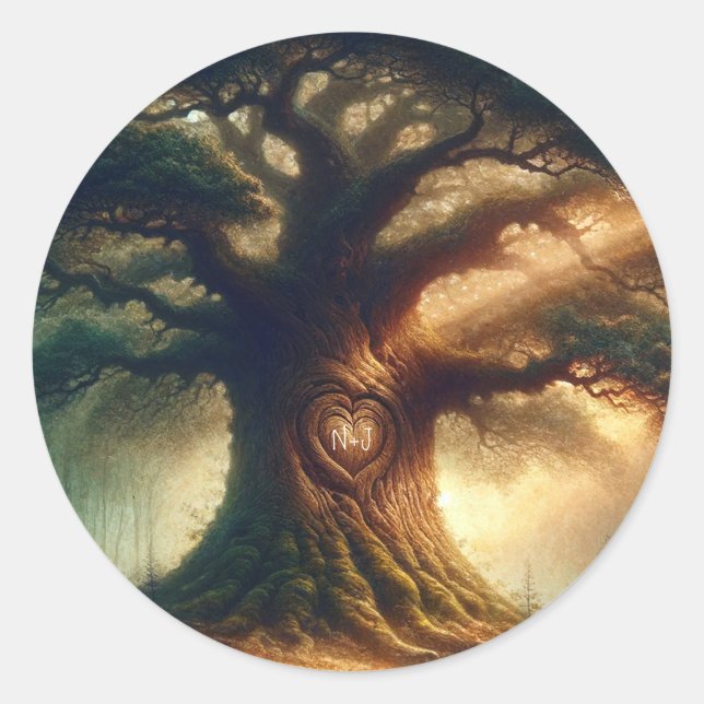 Big Old Oak Tree Enchanted Rustic Forest Wedding Classic Round Sticker (Front)