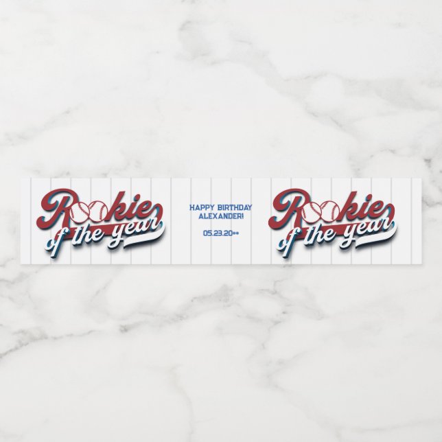 Big One Baseball Rookie Baby 1st Birthday Party Water Bottle Label (Single Label)