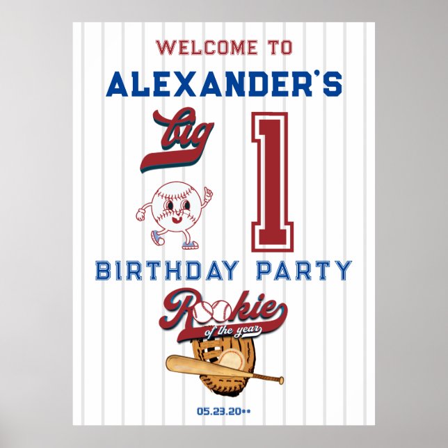 Big One Baseball Rookie First Birthday Welcome Poster (Front)