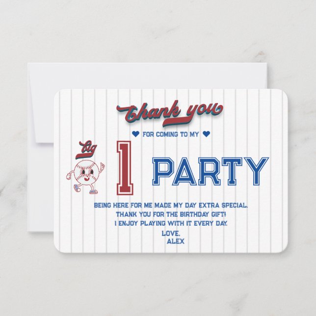 Big One Baseball Rookie Of The Year First Birthday Thank You Card (Front)