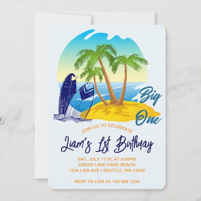 Big One Birthday Boy Beach Theme Personalised Name Invitation (Front)